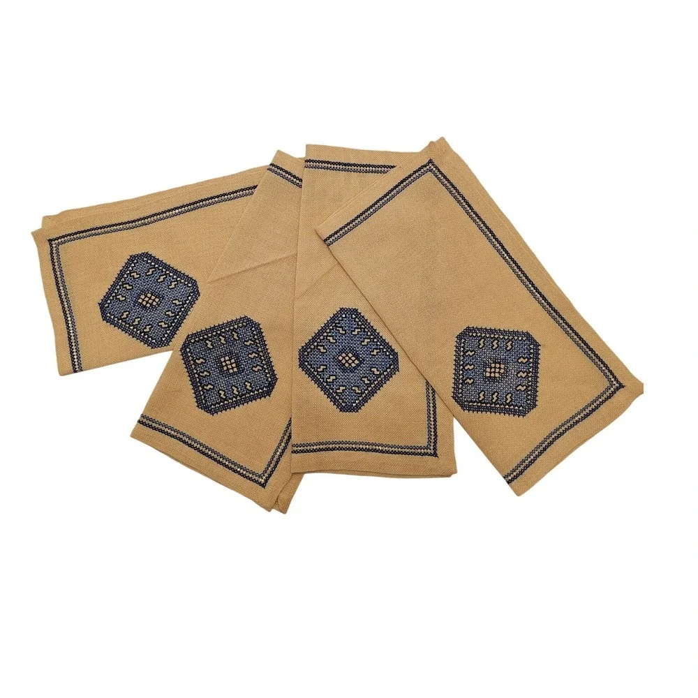 Vintage Handmade Cross Stitch Cocktail Napkins Set of 4 Tan Blue Geometric MCM